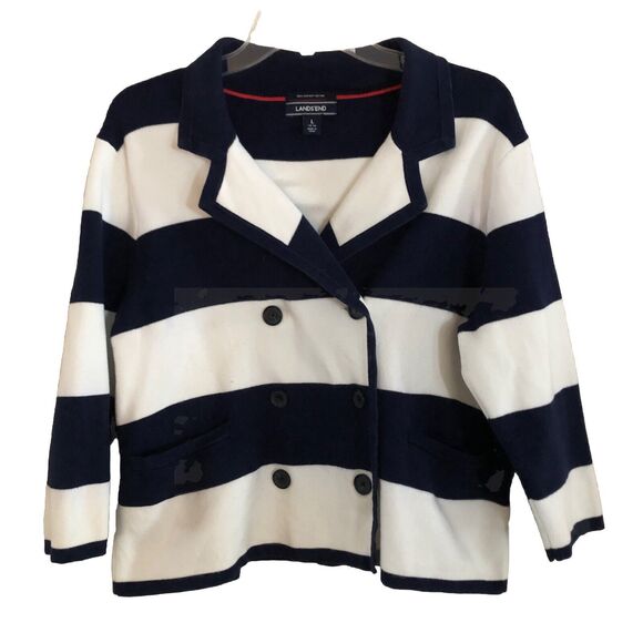 Lands End Nautical Stripe Cardigan Jacket Womens L Double Breasted Navy Cotton - Picture 3 of 13